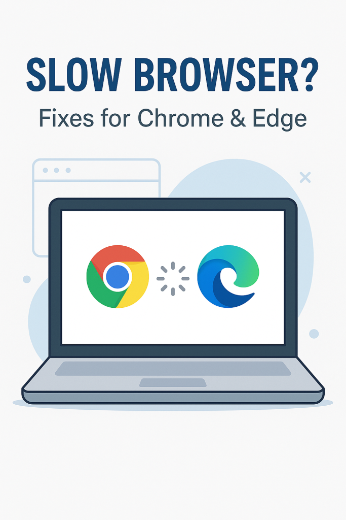 Slow browser illustration with Chrome and Edge icons and loading spinner